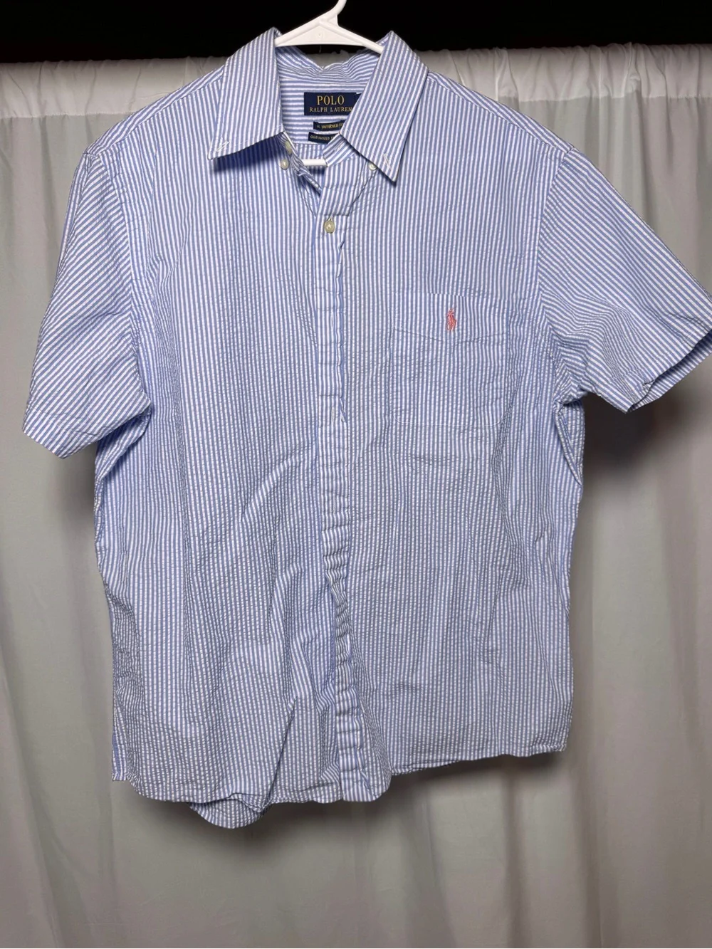 Polo Ralph Lauren Shirt Men Large Blue Untucked Fit Seersucker Short Sleeve
